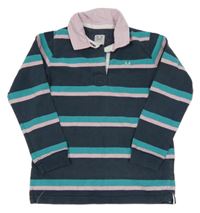 Tmavomodro-modrozeleno-světlerůžová pruhovaná melírovaná mikina s límečkem CREW