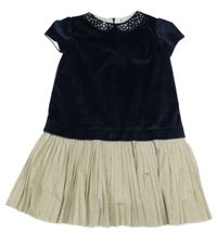 Tmavomodro-béžovo/zlaté semišovo/plisované šaty s kamínky a květy mayoral