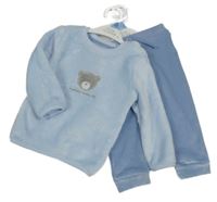 Nové - 2Set - Světlemodrá chlupatá mikina s medvídkem + modré žebrované plyšové tepláky little nutmeg