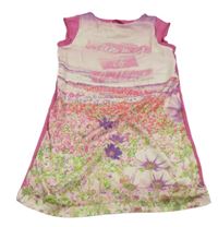 Smetanovo-zeleno-tmavorůžové šaty s nápisy s kamínky a květy Pampolina