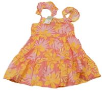 Nové - růžové letní šaty s lístečky a květy a volánky PRIMARK