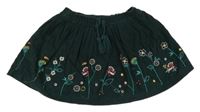 Tmavosmaragdová manšestrová sukně s kytičkami a mašlí Tu