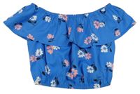 Modrý halenkový crop top s kytičkami a volánkem New Look