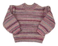 Světlerůžovo-pruhovaný melírovaný vlněný crop svetr s volánky Matalan