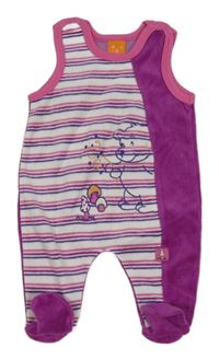 Bílo-pruhovano-purpurovo-růžové sametové dupačky s medvídkem PUSBLU