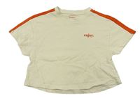 Béžové crop tričko s oranžovými pruhy a nápisem  TCM 