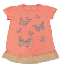 Neonově růžové tričko s motýlky a tylovým lemem  