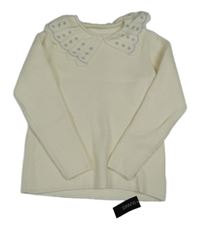 Nové - Smetanový žebrovaný svetr s límečkem s výšivkami květů Dunnes