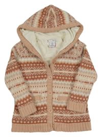 Starorůžovo-smetanový vzorovaný zateplený propínací svetr s kapucí Nula Bug