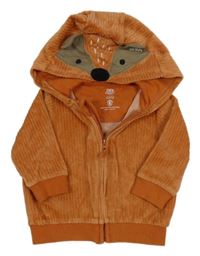 Skořčicová sametová žebrovaná propínací mikina s kapucí - liška F&F