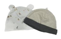 2x bavlněná čepice - bílá se zvířaty + béžová melírovaná