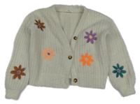 Smetanový chlupatý propínací oversize svetr s výšivkami květin M&S