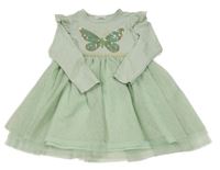 Světlezelené bavlněno/tylové šaty s motýlem z flitrů Primark