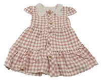 Starorůžovo-bílé kostkované propínací šaty s límečkem s madeirou