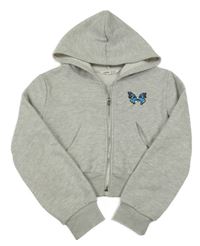 Šedá melírovaná propínací crop mikina s motýlem a kapucí Shein