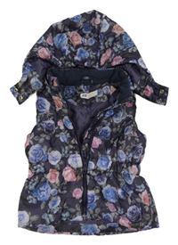Tmavomodrá květovaná šusťáková zateplená vesta s kapucí H&M