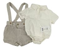 2 set - Bílé lněné propínací body + hnědé pruhované kraťasy s kšandami George