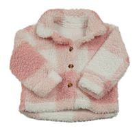 Růžovo-bílá kostkovaná huňatá košilová bunda 