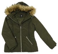 Khaki šusťáková zateplená bunda s kapucí s kožešinou New Look