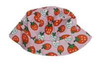 Růžový plátěný oboustranný klobouk s jahodami 