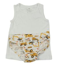 2 set - bílý nátělník + bílé slipy s bagry 