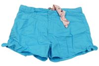 Tyrkysové plátěné kraťasy s mašlí 