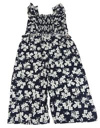 Tmavomodrý květovaný kalhotový culottes overal 