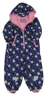 Tmavomodrá šusťáková zateplená kombinéza s kočičkami a kapucí Pocopiano