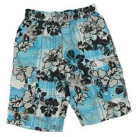 Světlemodro-šedo-černé květované plážové kraťasy 