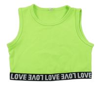 Neonově zeleno-černý žebrovaný crop top s nápisy 