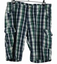 Pánské tmavomodro-bílo-zelené kostkované plátěné kraťasy s kapsami 
