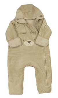 Béžová sametová zateplená kombinéza s medvědem a kapucí H&M