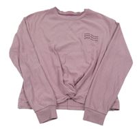 Růžové žebrované crop triko s nápisem a uzlem Nutmeg