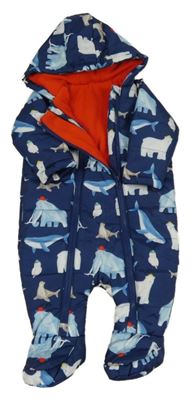 Tmavomodrá šusťáková zimní kombinéza se zvířaty a kapucí St. Bernard