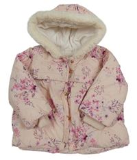 Světlerůžová šusťáková květovaná zimní bunda s kapucí Next