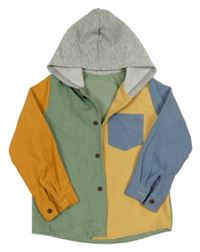 Žluto-zeleno-modrá manšestrová košile s kapucí Shein