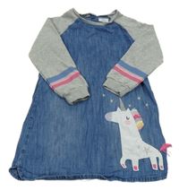 Modré riflové šaty s teplákovými rukávy a jednorožcem Next