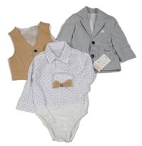 Nové - 4set - šedé sako + vzorované košilové body + vesta + motýlek