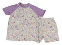 2set - Bílo-fialové UV tričko + kraťasy s kytičkami