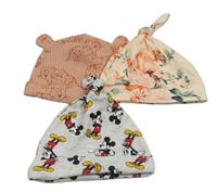 3x - Růžová s leopardy + světlerůžová s květy + šedá čepice s Mickeym