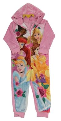 Růžová chlupatá kombinéza s princeznami a kapucí Disney