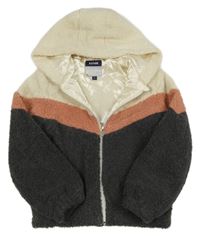 Antracitovo-smetanovo-růžová huňatá podšitá bunda s kapucí Kiabi