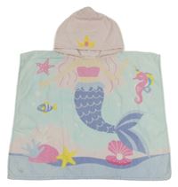 Světlemodro-světlerůžové froté osuškové pončo s mořskou pannou a kapucí 