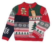 Nové - Červeno-zeleno-tmavomodro-bílý vzorovaný svetr s perníčkem Primark 