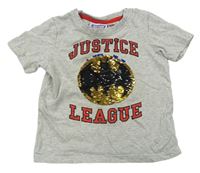 Šedé melírované tričko s překlápěcími flitry a nápisy - JUSTICE LEAGUE
