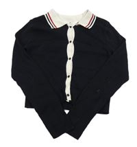 Černo-bílý žebrovaný propínací crop svetr s límečkem s pruhy H&M