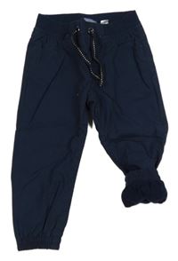 Tmavomodré cuff plátěné podšité kalhoty s úpletovým pasem lupilu