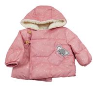 Růžová prošívaná šusťáková zimní bunda s myškou a hvězdičkami a kapucí orsolino
