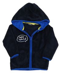 Tmavomodrá plyšová bunda s nápisy a kapucí lupilu