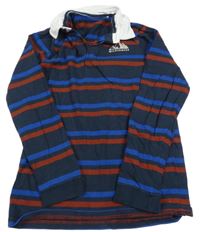 Tmavomodro-cobaltově modro-rezavá pruhovaná mikina s horami a límečkem Tu